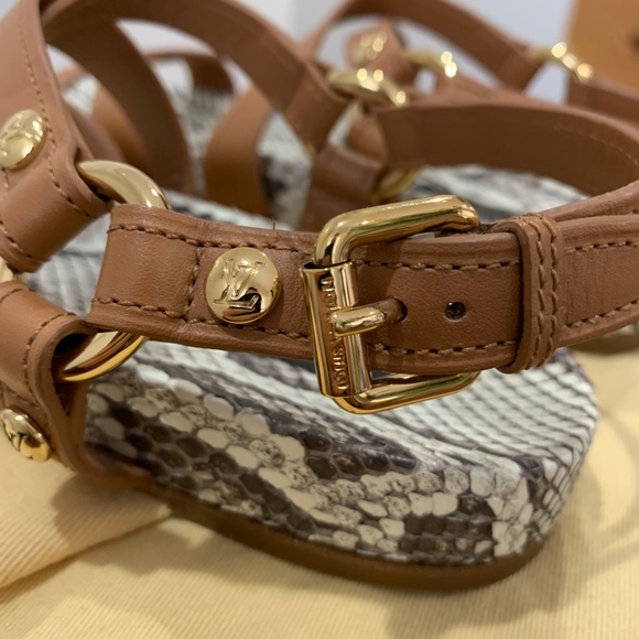 Louis Vuitton Python Sandals tan brown 36 6 snakeskin leather LV gold logo strap - Picture 7 of 16